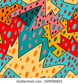 Abstract colorful seamless pattern with curved elements and dots.
