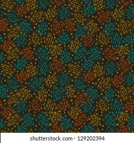 Abstract colorful seamless pattern. Dark background with hand drawn linear details. Indian cartoon ornament