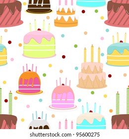 Abstract colorful seamless pattern with decorated cake on white background. vector illustration.