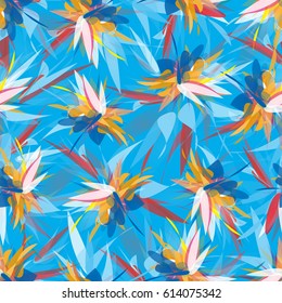Abstract colorful seamless pattern with exotic geometrical flowers on blue background. Bright floral texture with tropical motifs.