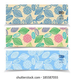 Abstract colorful seamless pattern of flowers, leaves and stones vector banner set.