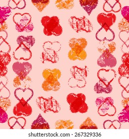 Abstract Colorful Seamless Pattern with Grunge Hearts. Romantic Background. Vector 