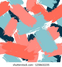 Abstract colorful seamless pattern with hand drawn brush strokes in memphis style. Creative vector background for print, textile, flyer design, wear, template, card, poster, brochure, Valentine's day,