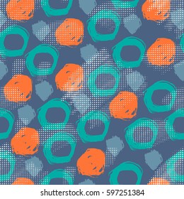 Abstract colorful seamless pattern with hand drawn grunge randomly dots, circles, rings. Blue background with different circles. Messy dotted texture.  Vector illustration.