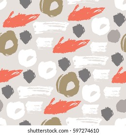 Abstract colorful seamless pattern with hand drawn grunge randomly dots, circles, rings. Background with different geometric shapes. Messy dotted texture. Vector illustration.