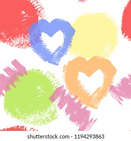 Abstract colorful seamless pattern with handdrawn hearts and textures. Vector illustration.