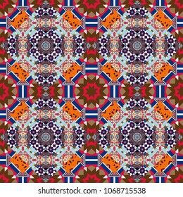 Abstract colorful seamless pattern. Indian, Arabic, Turkish motifs for printing on fabric or paper. Ornament in beige, blue and brown colors. Vector vintage decorative elements.