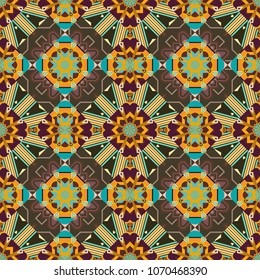 Abstract colorful seamless pattern. Indian, Arabic, Turkish motifs for printing on fabric or paper. Ornament in yellow, brown and green colors. Vector vintage decorative elements.