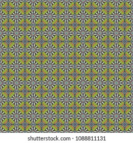 Abstract colorful seamless pattern. Indian, Arabic, Turkish motifs for printing on fabric or paper. Ornament in gray, blue and green colors. Vector vintage decorative elements.