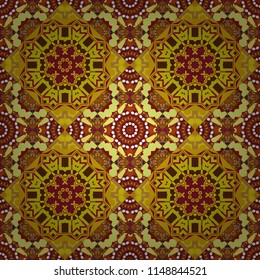 Abstract colorful seamless pattern. Indian, Arabic, Turkish motifs for printing on fabric or paper. Vector vintage decorative elements. Ornament in yellow, brown and red colors.
