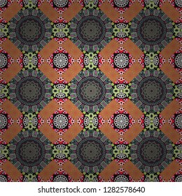 Abstract colorful seamless pattern. Indian, Arabic, Turkish motifs for printing on fabric or paper. Ornament in brown, yellow and gray colors. Vector vintage decorative elements.