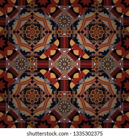 Abstract colorful seamless pattern. Indian, Arabic, Turkish motifs for printing on fabric or paper. Ornament in red, orange and black colors. Vector vintage decorative elements.