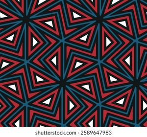 Abstract colorful seamless pattern with an intricate geometric mesh of black, blue, and red concentric triangles. Modern ethnic style. Vector illustration.