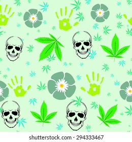 Abstract colorful seamless pattern with Marijuana leaves, cactus Peyote and Human Skull