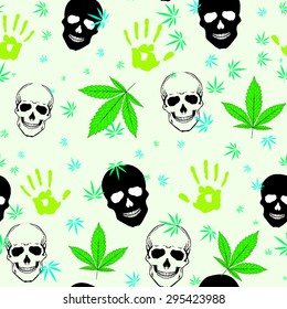 Abstract colorful seamless pattern with Marijuana leaves,  Human Skull and Hands
