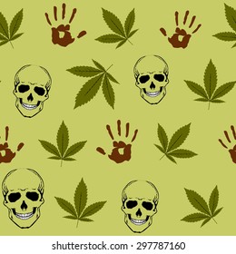 Abstract colorful seamless pattern with Marijuana leaves and Human Skulls