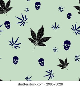 Abstract colorful seamless pattern with Marijuana leaves and Human Skulls