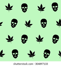 Abstract colorful seamless pattern with Marijuana leaves and  Human Skulls