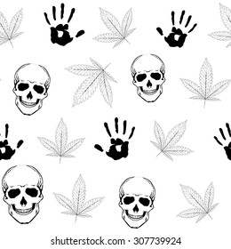 Abstract colorful seamless pattern with Marijuana leaves,  Human Skull and Hands