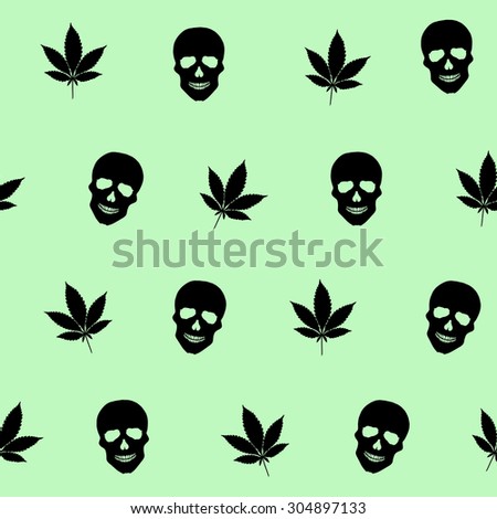 Abstract colorful seamless pattern with Marijuana leaves and  Human Skulls