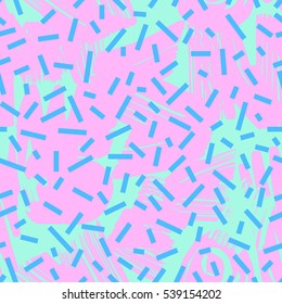 Abstract colorful seamless pattern in Memphis style. Background for printing brochure, poster, party, summer print, vintage textile design, sport wear.