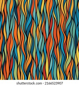 Resumen de un patrón sin costuras colorido con ondas multicolores en rojo, azul, amarillo y verde sobre un fondo negro. Ilustración vectorial. 