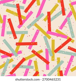 Abstractas patrón inconsútil colorido de serpentinas festivas multicolores, rayas rectas, confeti redondo Pequeño sobre un fondo claro; Ilustración vectorial simple, estilo plano