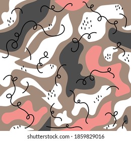 Abstract colorful seamless pattern on brown background.  Vector layouts with hand drawn shapes and textures. The design of presentations, prints, flyers, invitations, covers, packaging, and fabric des