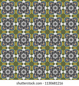 Abstract colorful seamless pattern. Ornament in blue, red and gray colors. Indian, Arabic, Turkish motifs for printing on fabric or paper. Vector vintage decorative elements.