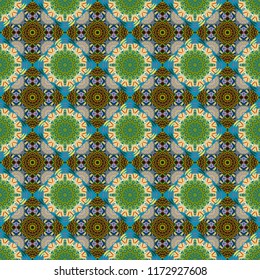 Abstract colorful seamless pattern. Ornament in blue, green and brown colors. Indian, Arabic, Turkish motifs for printing on fabric or paper. Vector vintage decorative elements.