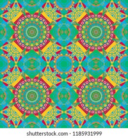Abstract colorful seamless pattern. Ornament in blue, yellow and green colors. Vector vintage decorative elements. Indian, Arabic, Turkish motifs for printing on fabric or paper.