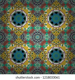 Abstract colorful seamless pattern. Ornament in green, yellow and brown colors. Indian, Arabic, Turkish motifs for printing on fabric or paper. Vector vintage decorative elements.