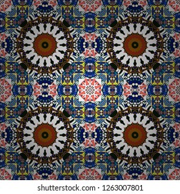 Abstract colorful seamless pattern. Ornament in blue, white and brown colors. Indian, Arabic, Turkish motifs for printing on fabric or paper. Vector vintage decorative elements.
