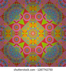 Abstract colorful seamless pattern. Ornament in blue, pink and red colors. Vector vintage decorative elements. Indian, Arabic, Turkish motifs for printing on fabric or paper.