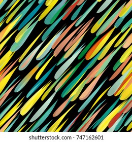 Abstract colorful seamless pattern out of falling drops placed on dark background. Fantastic multicolored rain picture. 