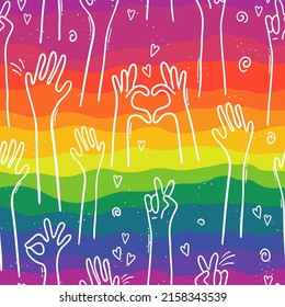 Abstract colorful seamless pattern with rainbow colors hand hands demonstrating, vibrant background, great for textiles, wrapping, banners, wallpapers - vector design