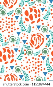 Abstract colorful seamless pattern with red dots and green leaves with triangles on white background. Hand vector creative illustration.
