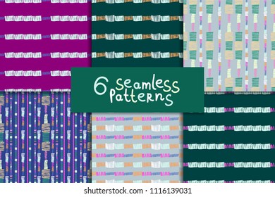 Abstract colorful seamless pattern set, six vector striped ornaments. Digital paper collection.