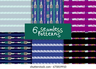 Abstract colorful seamless pattern set, six vector striped ornaments. Digital paper collection.