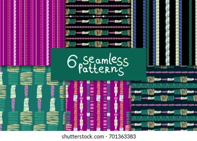 Abstract colorful seamless pattern set, six vector striped ornaments. Digital paper collection.
