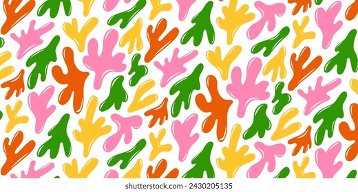 Abstract colorful seamless pattern with simple organic shapes or blots. Fluid figures, trendy y2k, flat style. Trendy vector illustration for design, wrapping paper, textile print