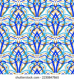 Resumen de un patrón incoloro y transparente. Fondo simétrico con motivos ornamentales. Estilo étnico tribal adornos modernos con curvas, puntos, líneas, formas, olas. Repetir el diseño brillante sobre fondo blanco.