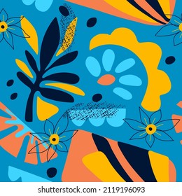 Abstract colorful seamless pattern, trendy template for design, botanical elements, blue background, vector