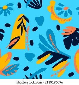 Abstract colorful seamless pattern, trendy template for design, botanical elements, blue background, vector