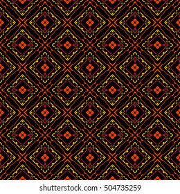 Abstract colorful seamless pattern with variety of shapes of bright colors on a black background. This pattern can be used in the design of the fabric, paper, cover, card and as a design element.