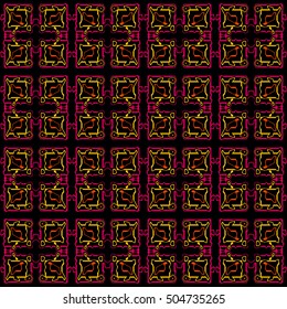 Abstract colorful seamless pattern with variety of shapes of bright colors on a black background. This pattern can be used in the design of the fabric, paper, cover, card and as a design element.
