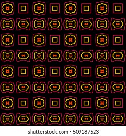 Abstract colorful seamless pattern with variety of shapes of bright colors on a black background. This pattern can be used in the design of the fabric, paper, cover, card and as a design element.