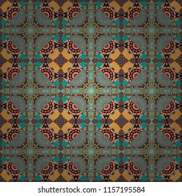 Abstract colorful seamless pattern. Vector vintage decorative elements. Ornament in orange, blue and brown colors. Indian, Arabic, Turkish motifs for printing on fabric or paper.