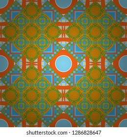 Abstract colorful seamless pattern. Vector vintage decorative elements. Indian, Arabic, Turkish motifs for printing on fabric or paper. Ornament in orange, blue and green colors.