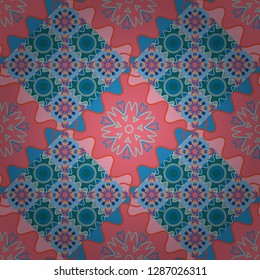 Abstract colorful seamless pattern. Vector vintage decorative elements. Ornament in orange, pink and blue colors. Indian, Arabic, Turkish motifs for printing on fabric or paper.